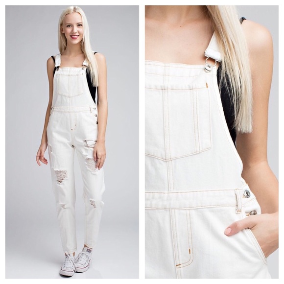 Light denim perfectly distressed long overalls - Picture 2 of 5