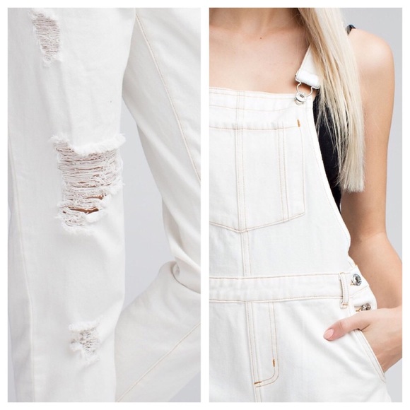 Light denim perfectly distressed long overalls - Picture 3 of 5