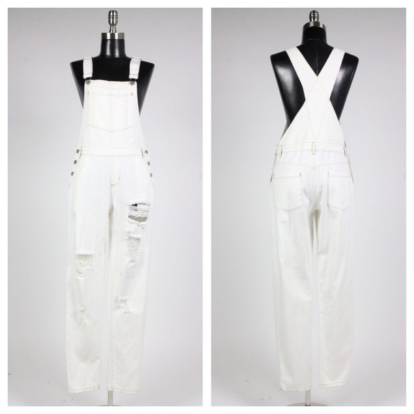 Light denim perfectly distressed long overalls - Picture 4 of 5