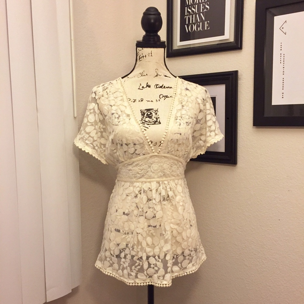 Cream Lace Butterfly Sleeve Top