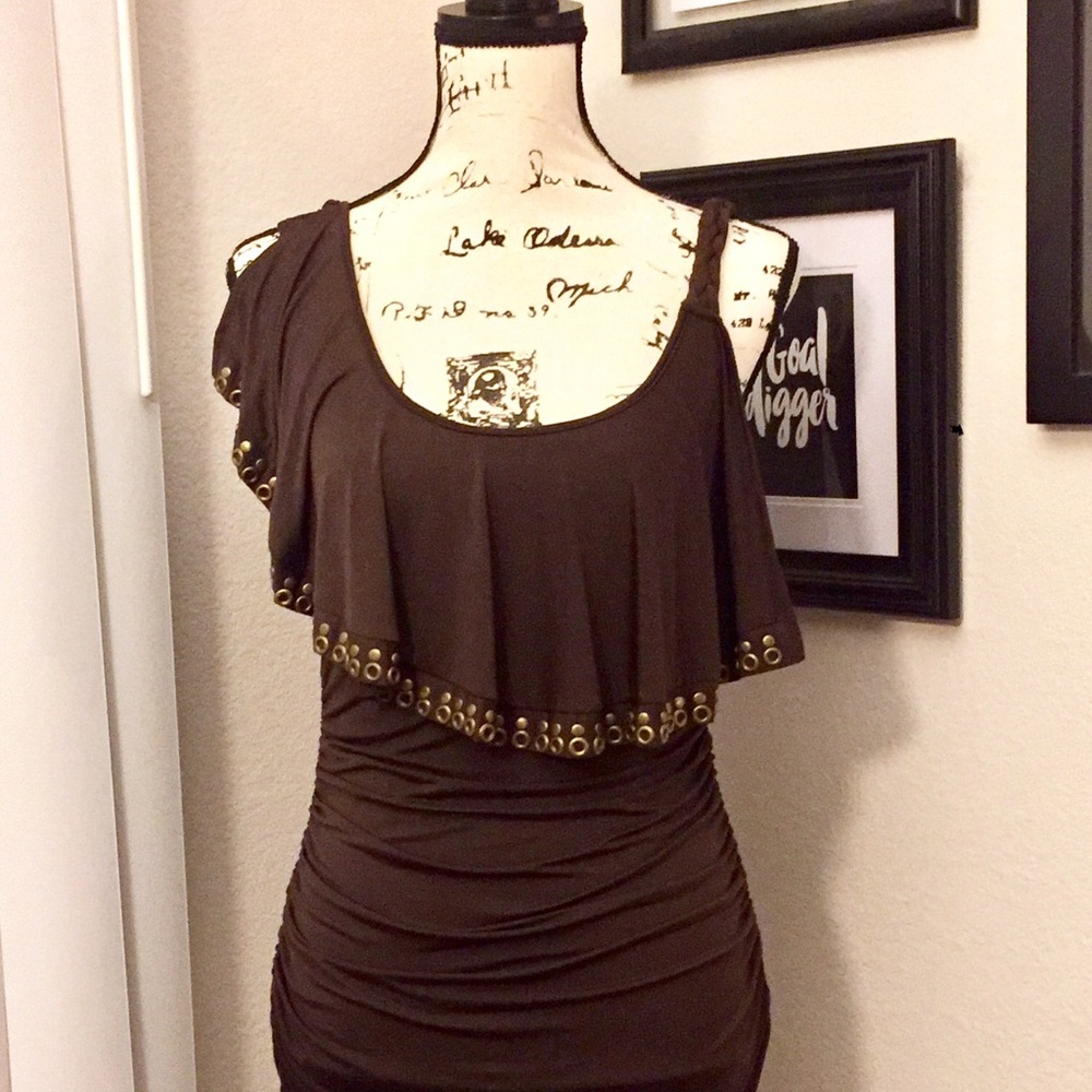 Ruched Brown Body Con Dress