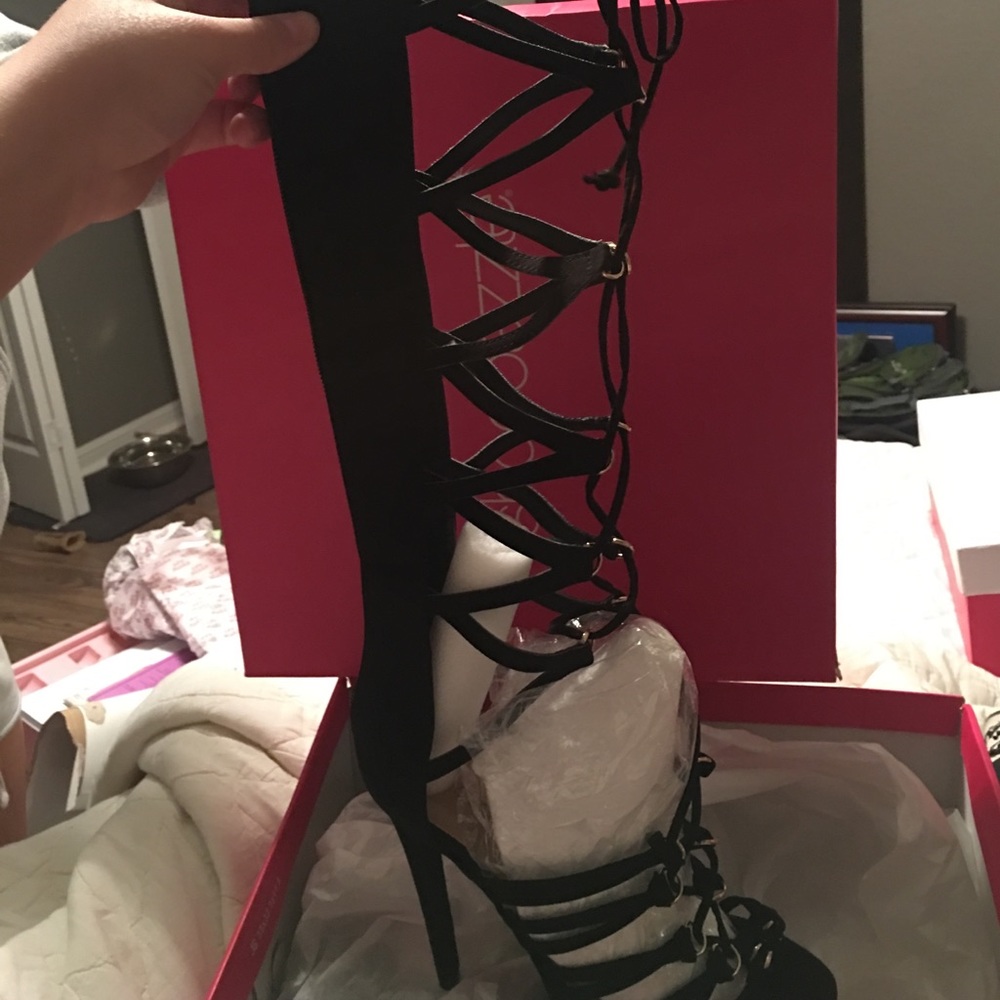 Black lace up high heels