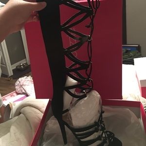 Black lace up high heels