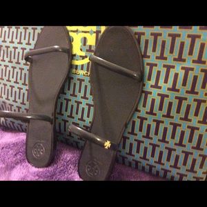 Tory Burch--Navy Sandals with gold logo