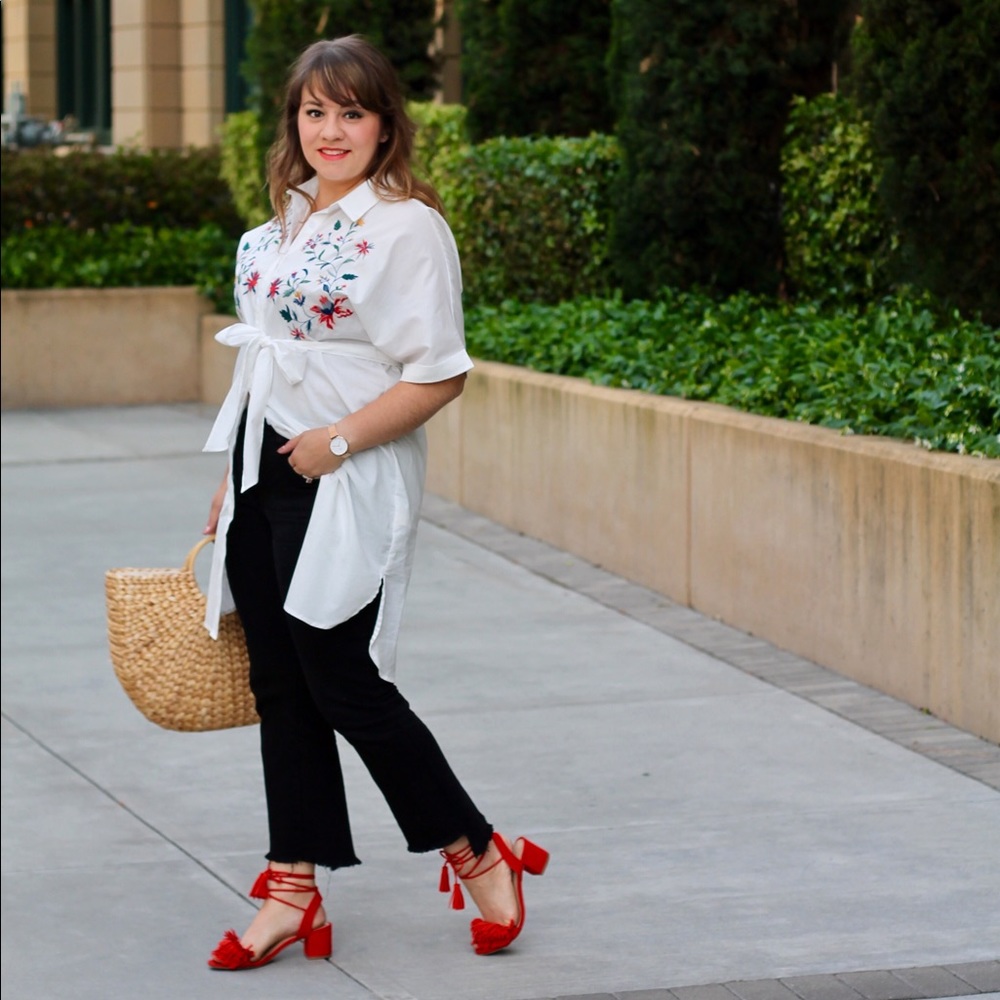 White Floral Embroidered Shirt Dress - Picture 2 of 8