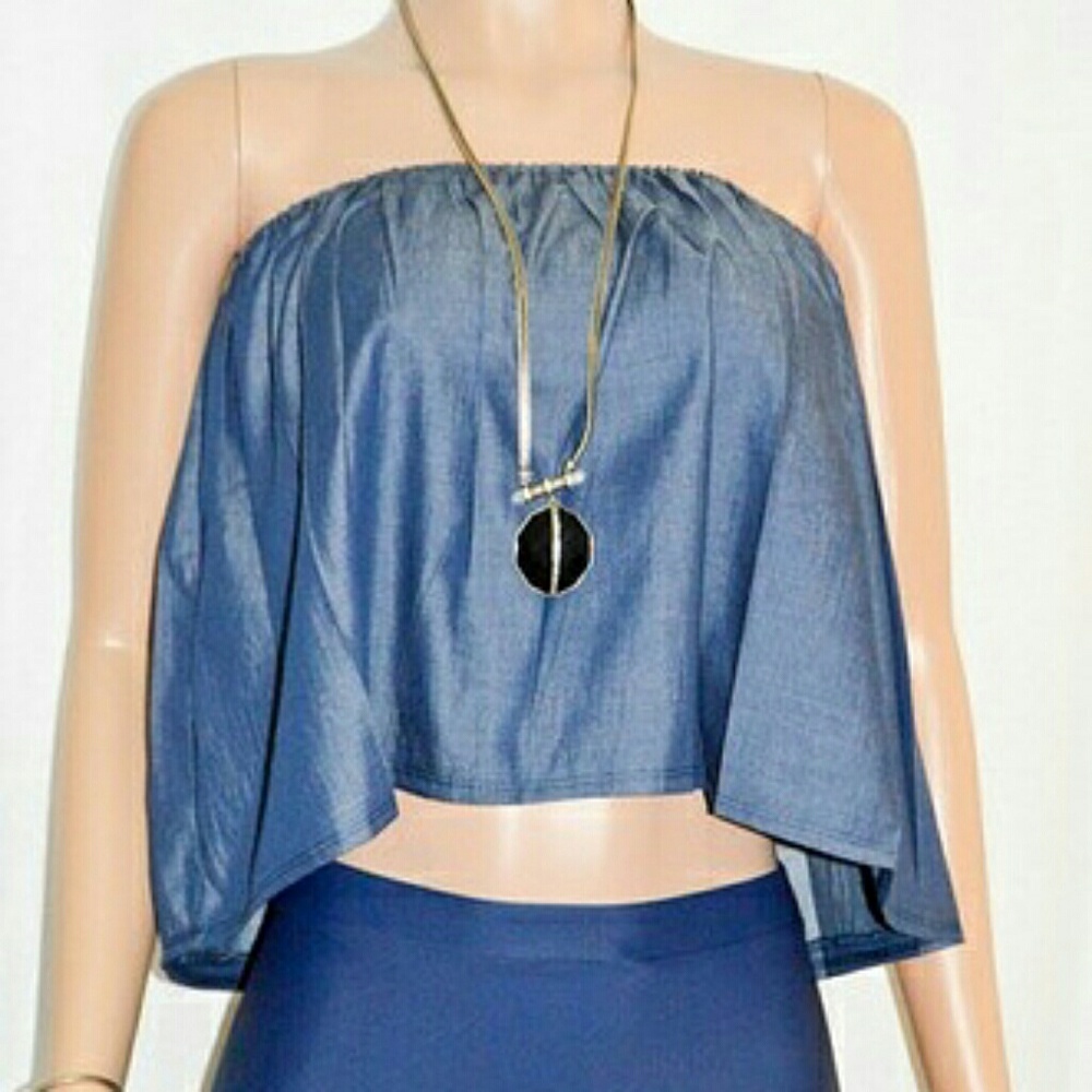 Denim Blue Chambray Ruffled Tube Top