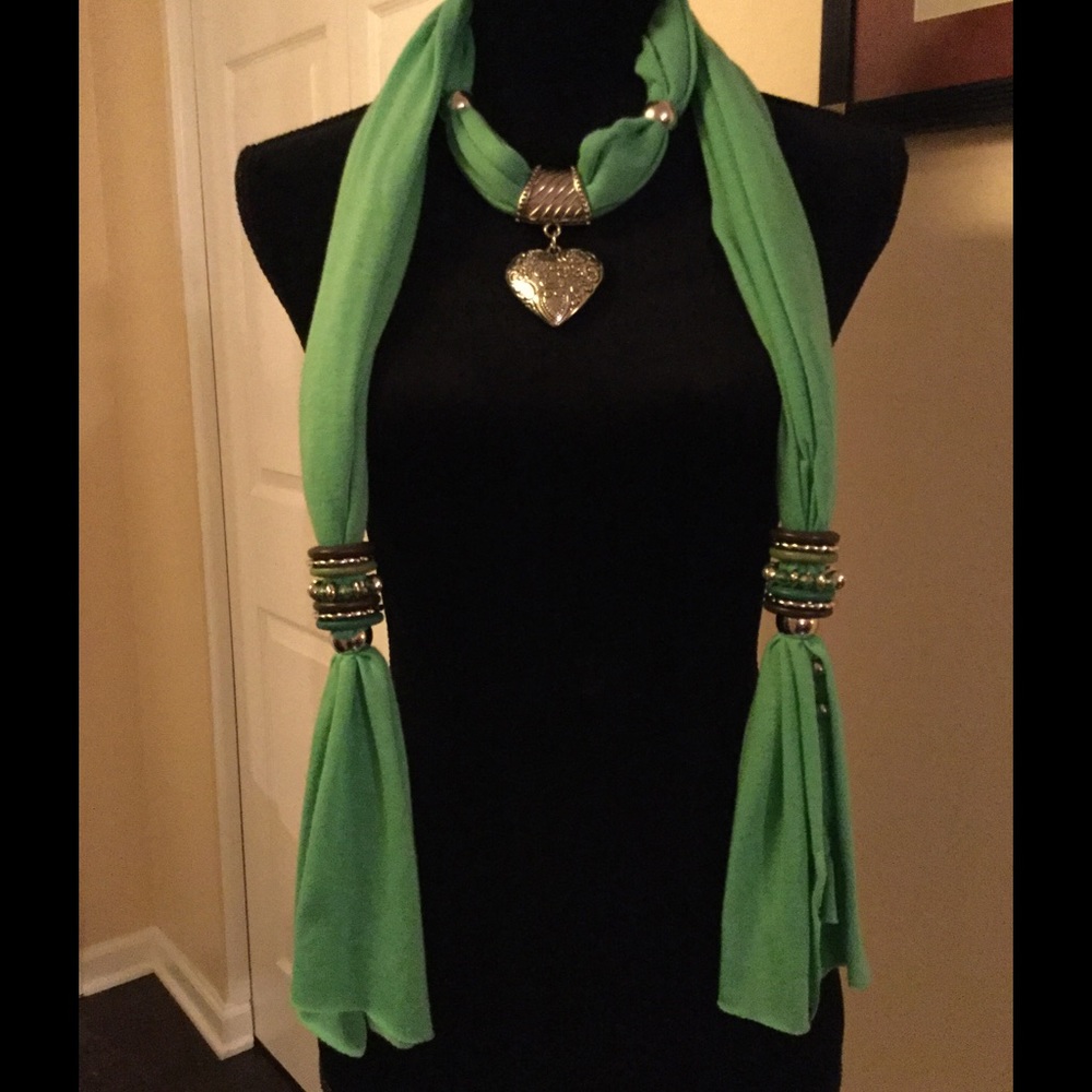 Green hand made scarf with silver accents