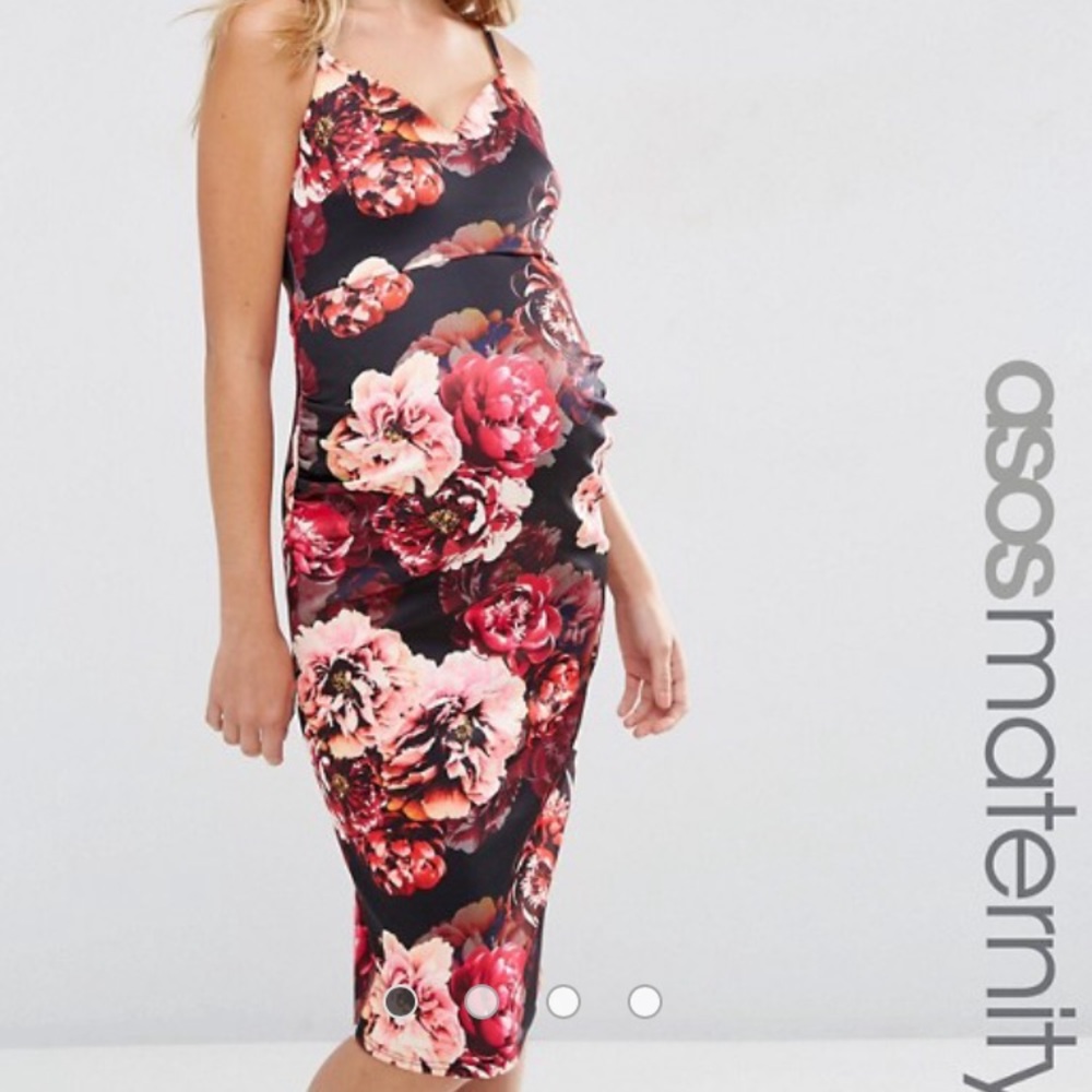 ASOS Maternity floral scuba deep plunge midi dress