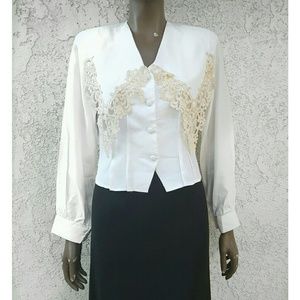 Vintage White Blouse with Ivory Lace Trim