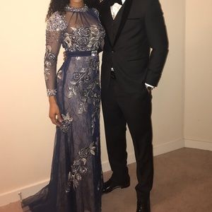 Long navy blue and silver gown