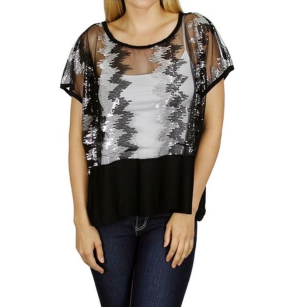 🆕Sheer Sequin Silver + Back Top