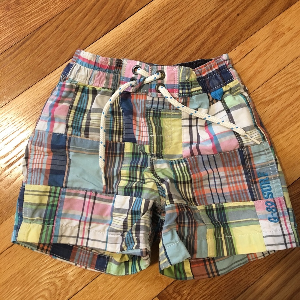 Baby boy 12-18mo plaid patch swim trunks