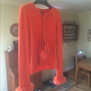 100% Orange Cashmere Sweater with fur cuffs