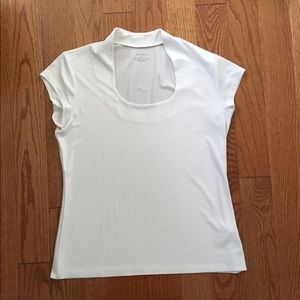 White scoop neck tee.