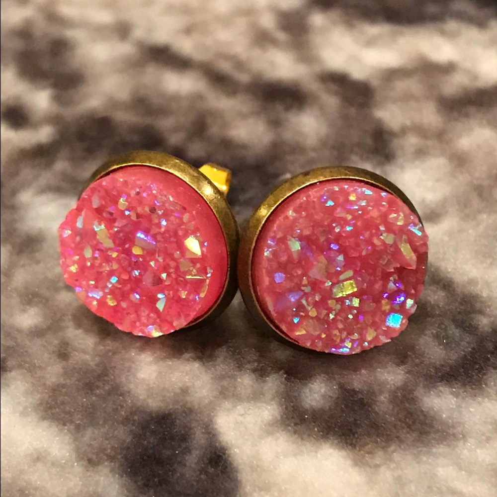 Pink & Antique Bronze Druzy Earrings