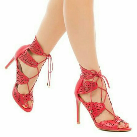 Lace Up Laser Cut Out Sandals Heels - Picture 2 of 3