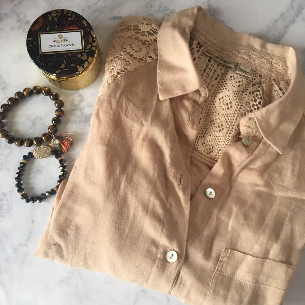 Anthropologie Holding Horses crochet sleeve shirt
