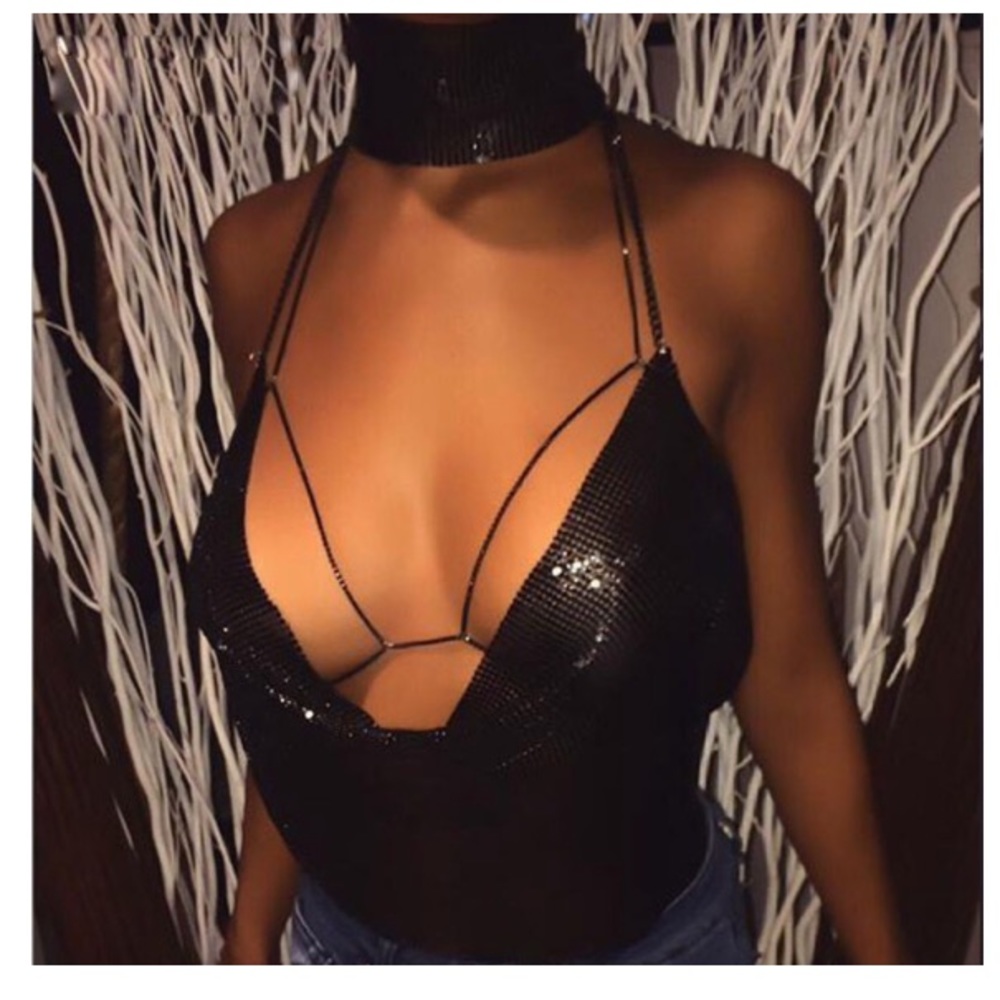 NEW! Black Metal Mesh Halter Top - Picture 2 of 5