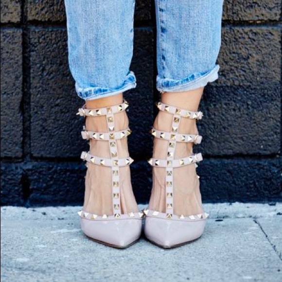 Shoes - Nude Patent Leather Studded Heels