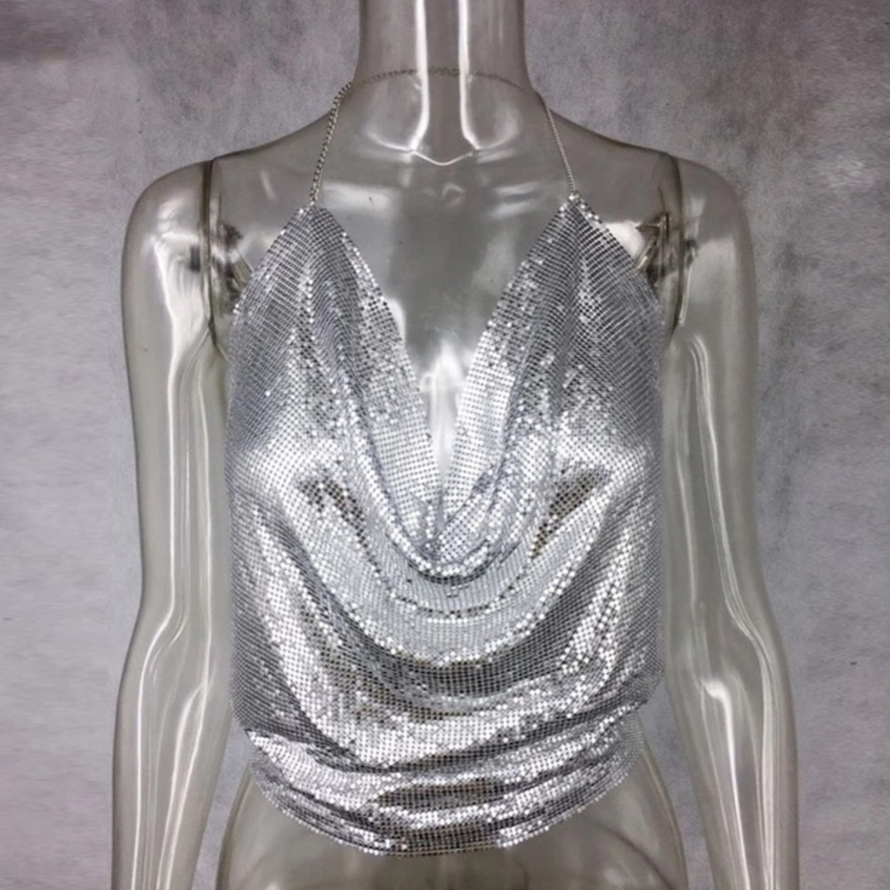 NEW! Silver Metal Mesh Halter Top - Picture 6 of 8