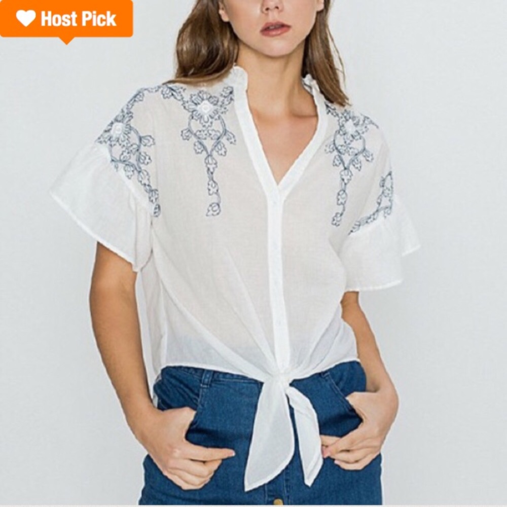 Bohemian Embroidered Tie Front Top