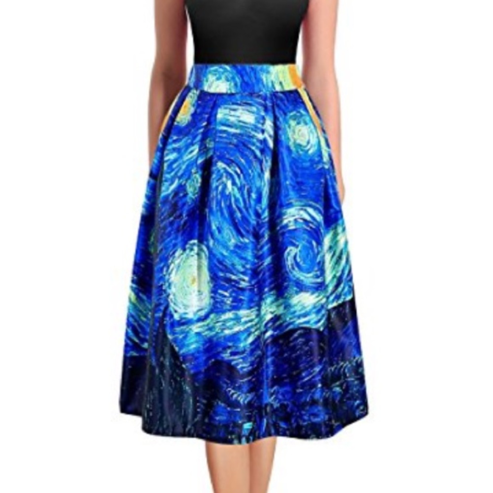 Starry Night Van Gough stylized pleated midi skirt - Picture 3 of 4