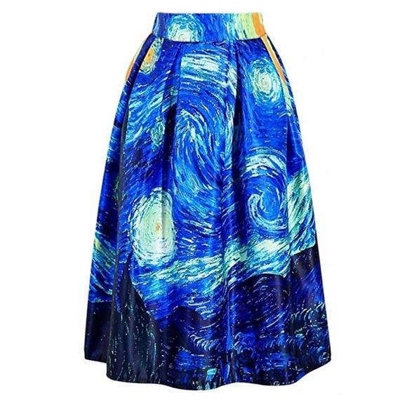 Starry Night Van Gough stylized pleated midi skirt - Picture 2 of 4