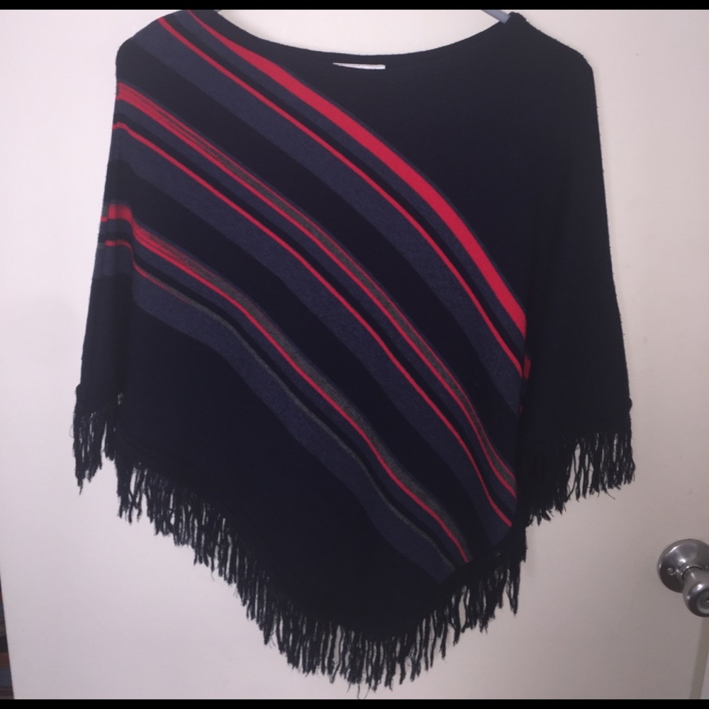 Lightweight Navy Poncho w/blue, red & grey stripes