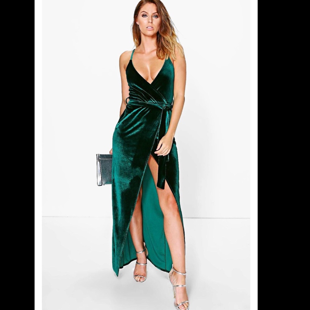 BooHoo Green Velvet Wrap Dress