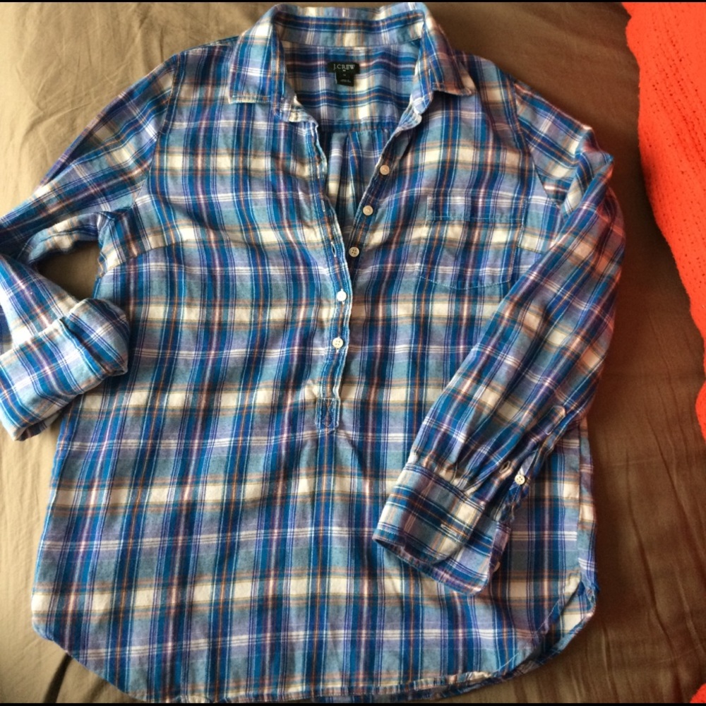 J. Crew Blue Plaid Flannel 3/4 Button Down Sz M