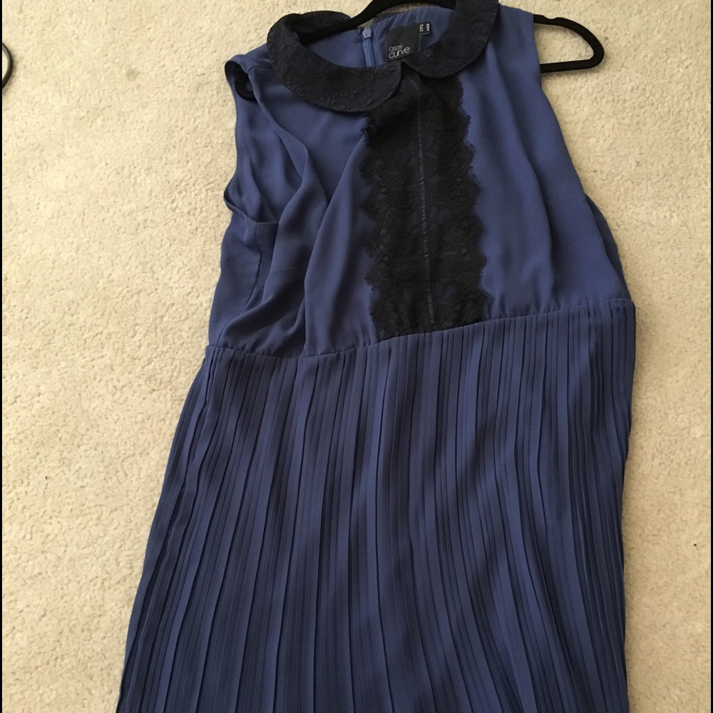 Blue pleated  dress with black lace