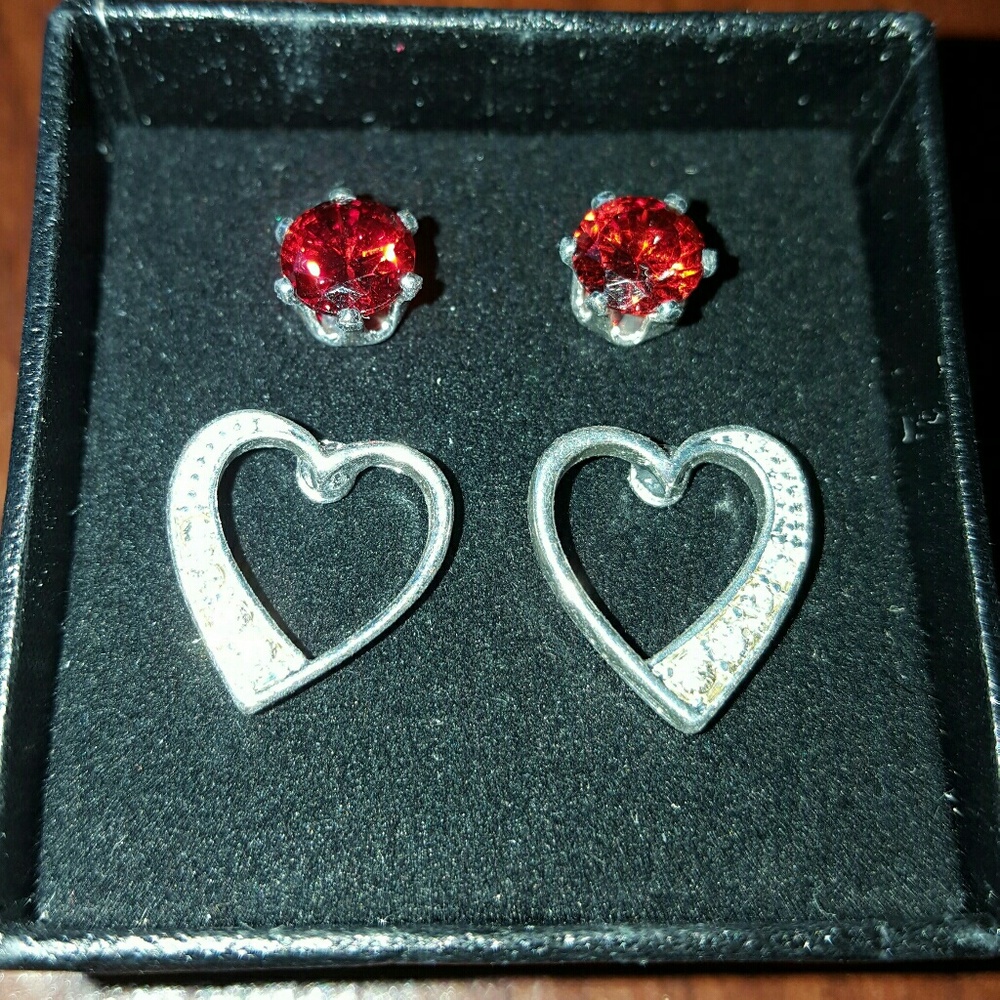 Set of 2 pair Silver ,CZ, Red CZ earrings