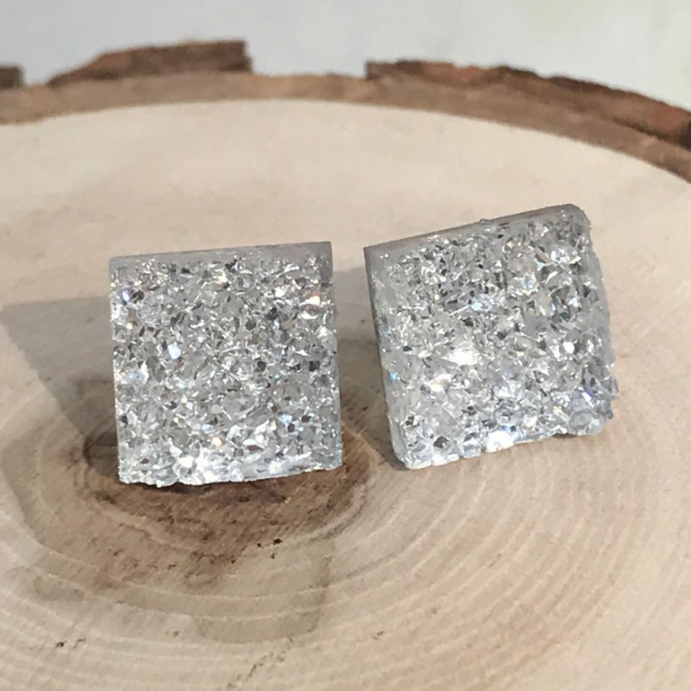 Silver Square Druzy Earrings