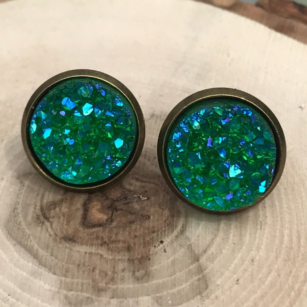 Green & Antique Bronze Druzy Studs