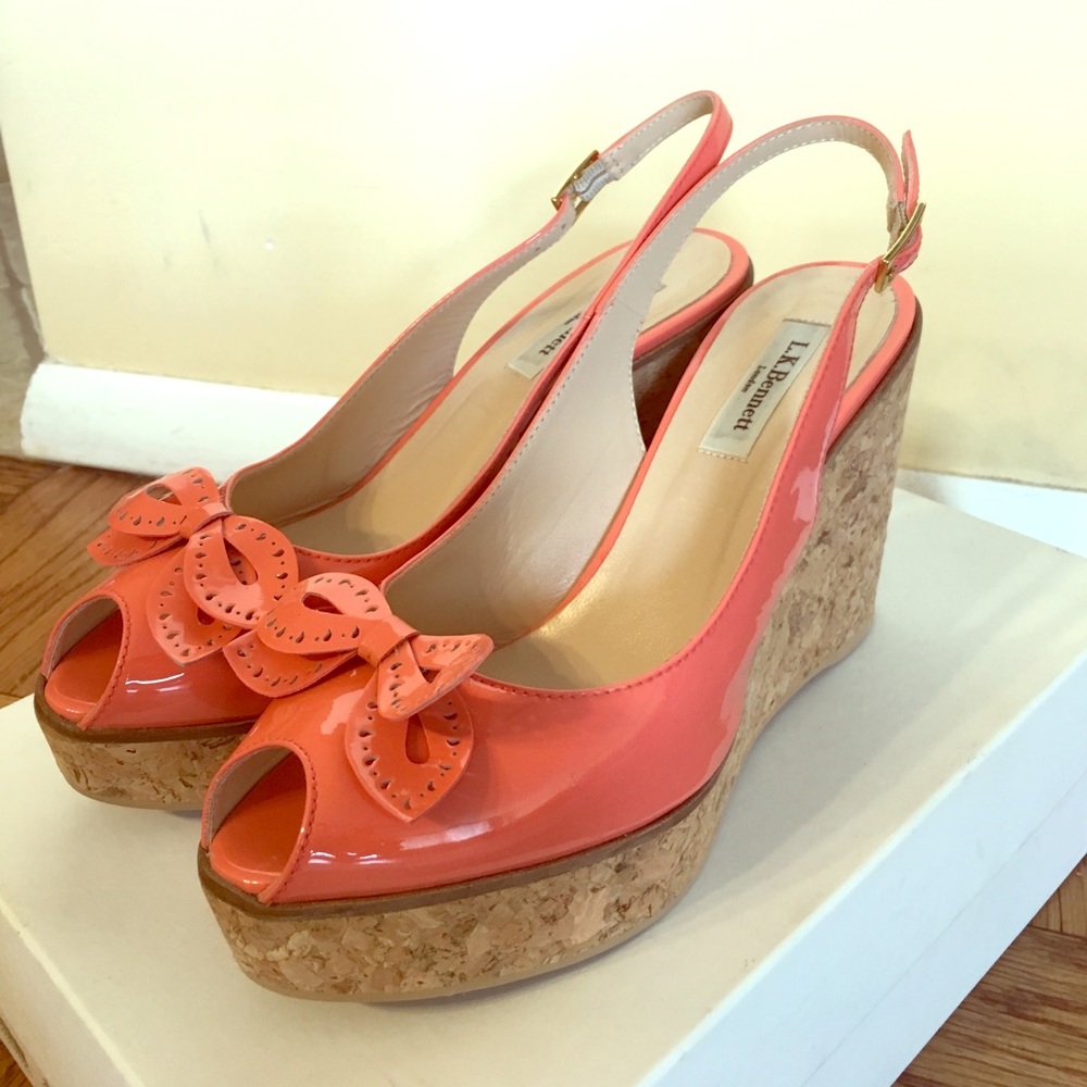L.K. Bennett sling back cork wedges in peach