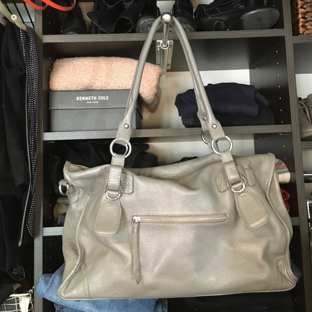 Hand-made strong, beautiful grey leather satchel.