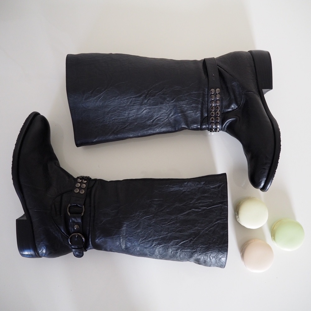 Black Leather Boots with Studded Strap