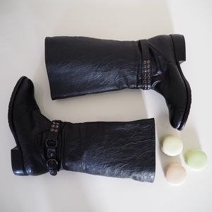 Black Leather Boots with Studded Strap