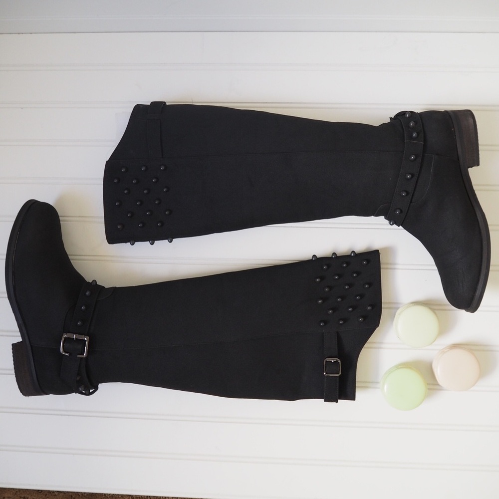 Black Suede Over Knee Boots with Studs Design
