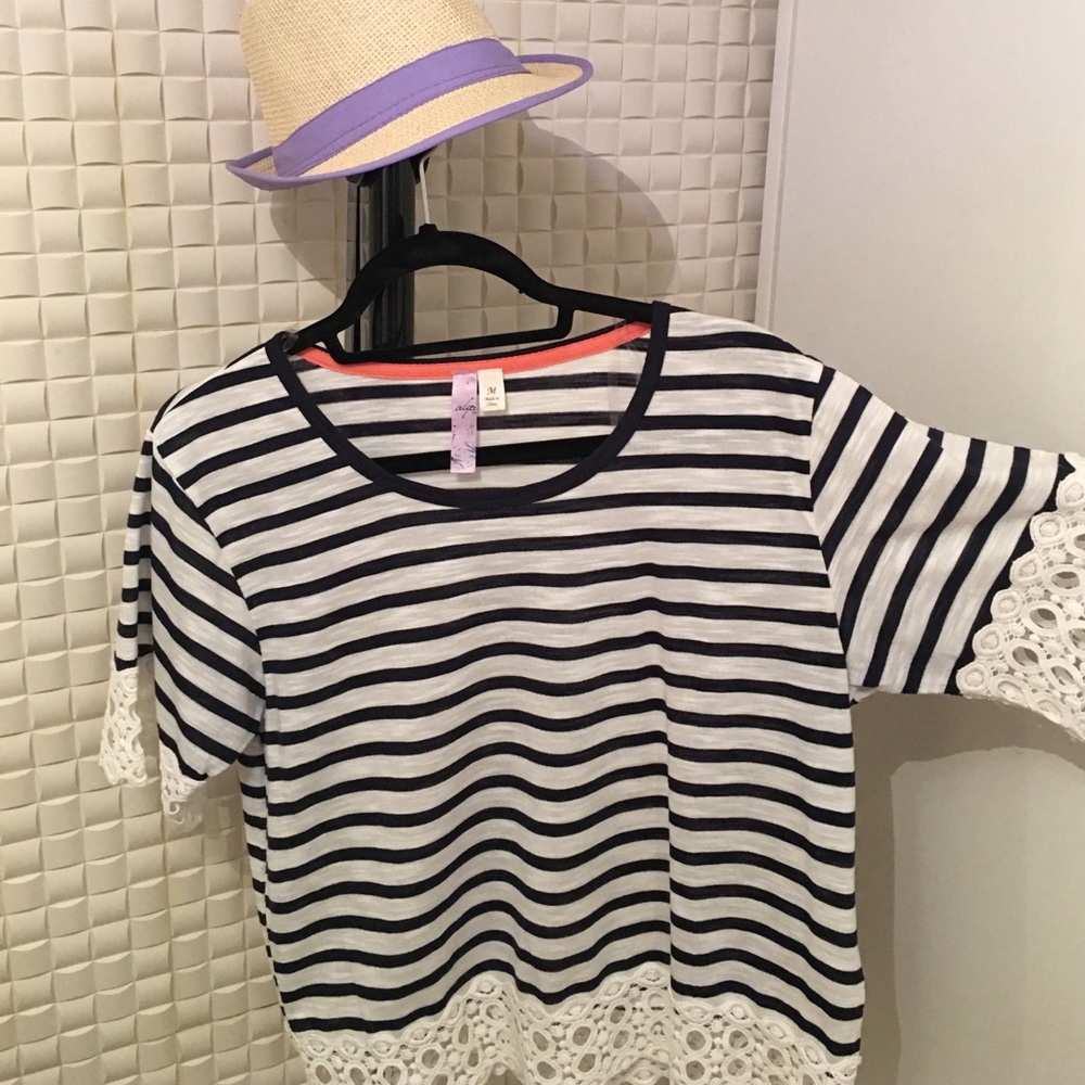 Navy and off white shirt with crocheted ends