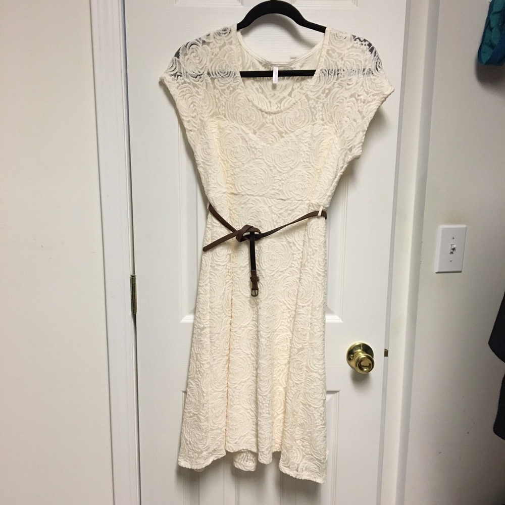 PinkBlush maternity lace belted empire-waist dress