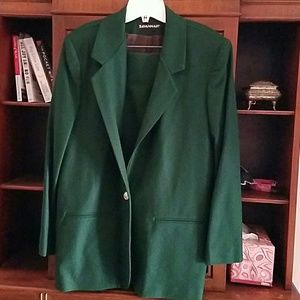 Green wool blazer and matching skirt.