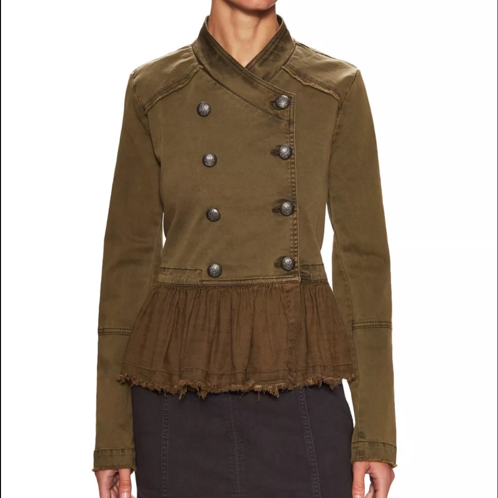 Free people green military ruffled hem jacket