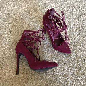 Burgundy Lace up Pointed Heels