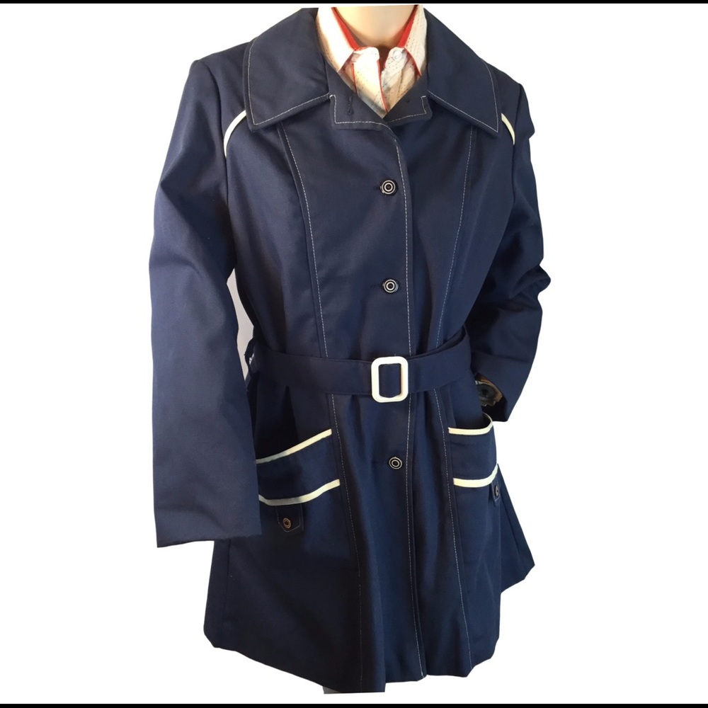 Vtg Navy Canvas Belted Button Front Coat lined M