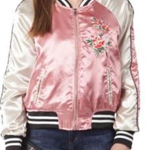 M/L pink satin varsity jacket with embroidered flowers