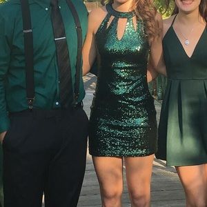 Short forest green homecoming dress with sequins
