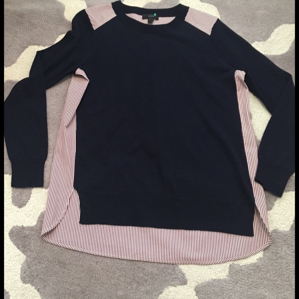 J.crew navy, red/white striped mixed media sweater
