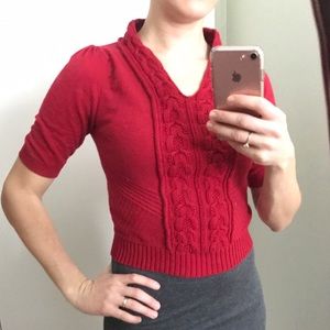 Anthropologie Cropped Red 3/4 Sleeve Sweater