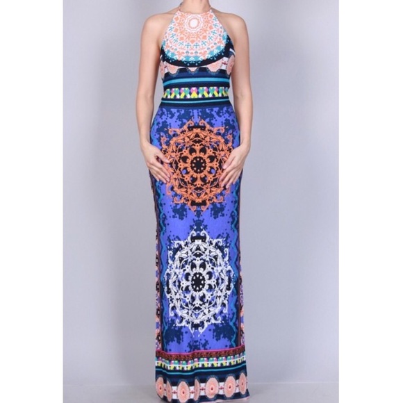 Blue Printed Maxi Dress - Picture 3 of 3